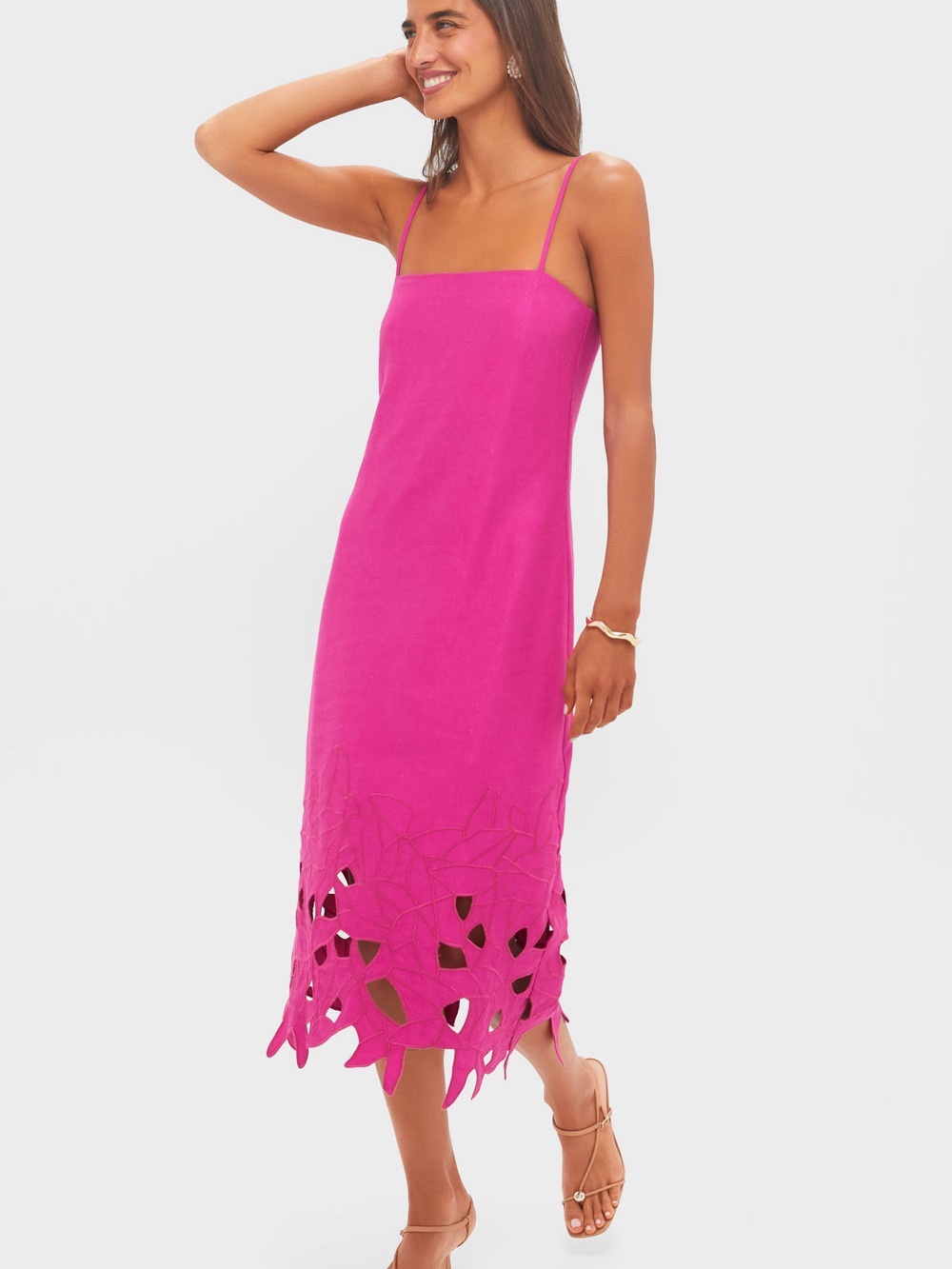 Hot Pink Spaghetti Strap Midi Dress with Laser-Cut Hem